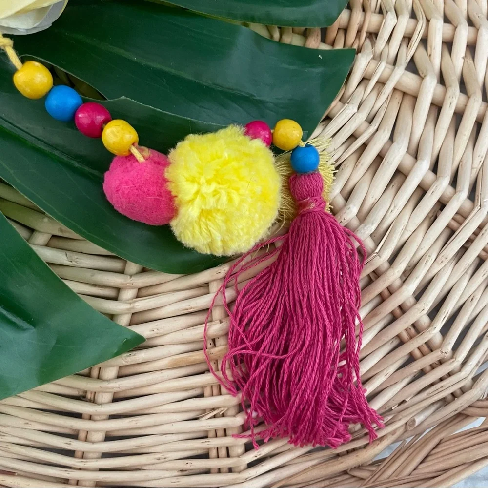 Talking Tables Pom Pom yarn Tassels beads decor set of 4 NWT for car, home, etc.